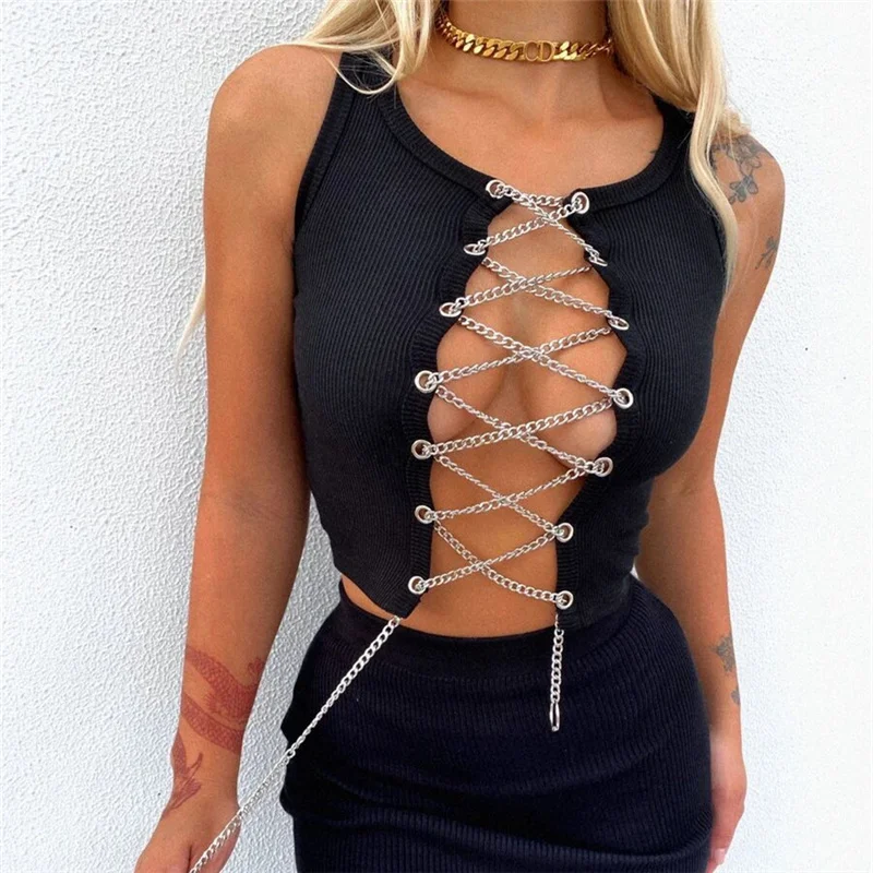 

PUWD Sexy Woman Black Slim Hollow Out Crop Tops 2021 Summer Fashion Y2K Chain Patchwork Top Ladies Stretchy Lacing Knit Vest