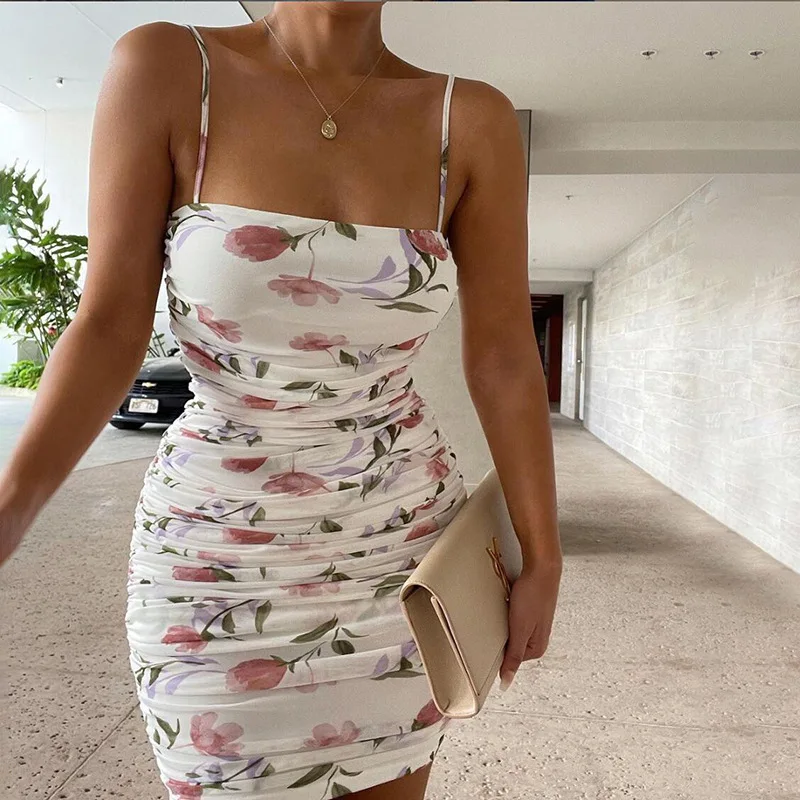

2021 Summer New Women Sling One-Shoulder Fashion Print Sexy Backless Fold Bag Hip Dress Women