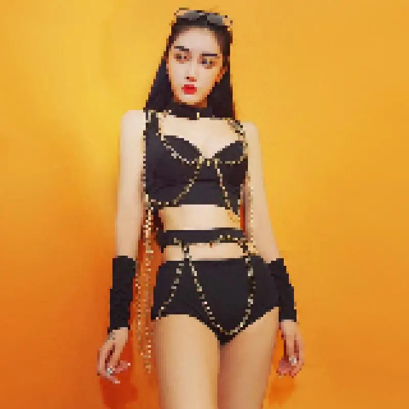 Джаз Танцевальный костюм черный цепь бикини комплект ночной клуб певицы Dj Ds