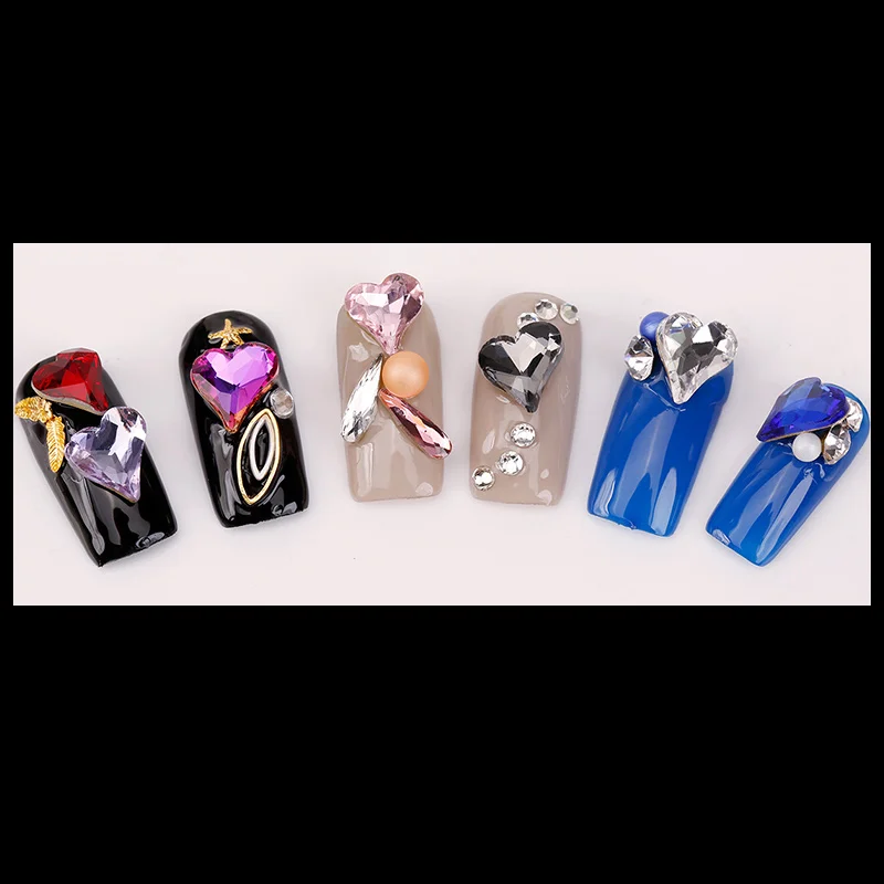 

10pcs/pack Symphony AB Love Heart Design 3D Nail Decorations Sharp End Shiny Crystal Rhinestones Heart Nail Art Gold Bling