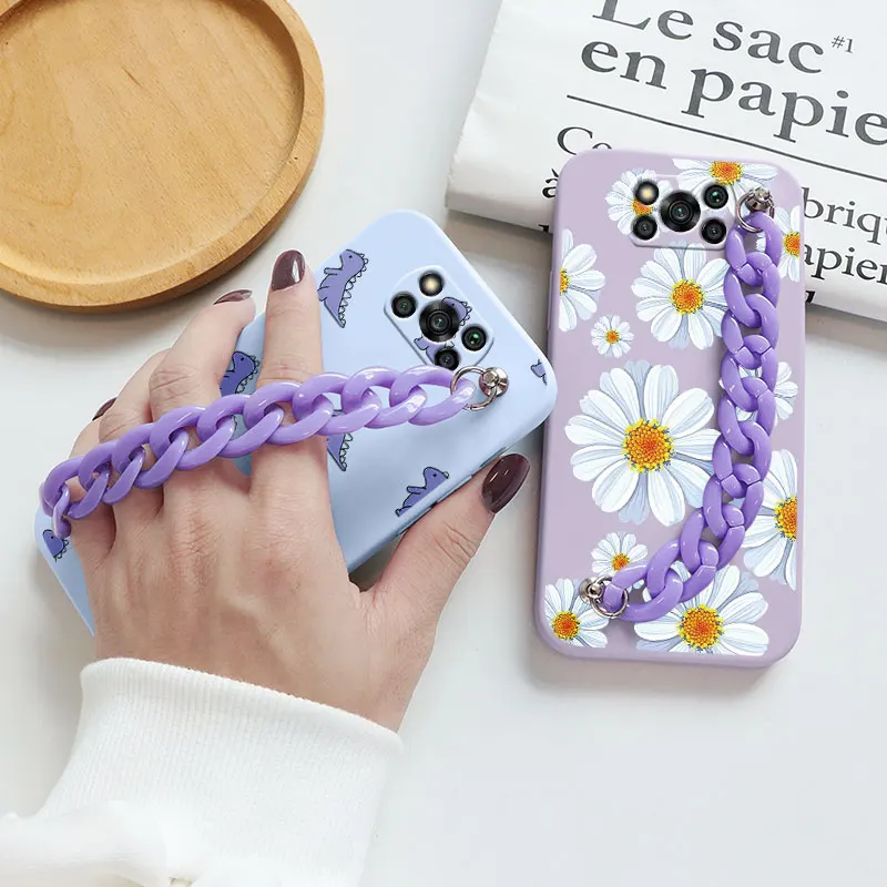 wrist chain case for xiaomi poco x3 nfc 6 67 silicone soft tpu phone cover for poco x3 pro pocox3 x 3 flower bumper shell bags free global shipping
