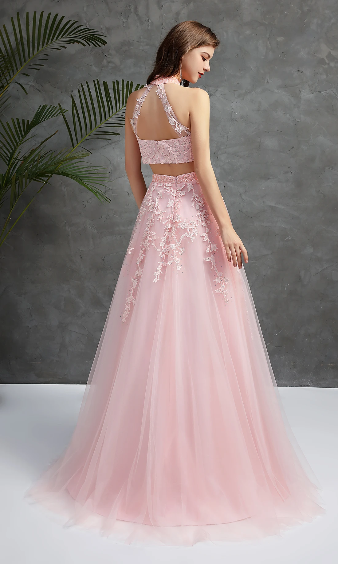 

2021 Two Pieces Pink Prom Quinceaneras Dresses Lace Appliques Vestidos Para Ball Gown Masquerade Backless Tulle Evening Dresses