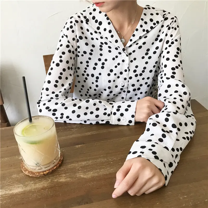 

HziriP Leisure All Match Brief Polka Dots Blouses 2021 New V-Neck Chiffon Loose OL Casual All Match Chic Fashion Sweet Shirts