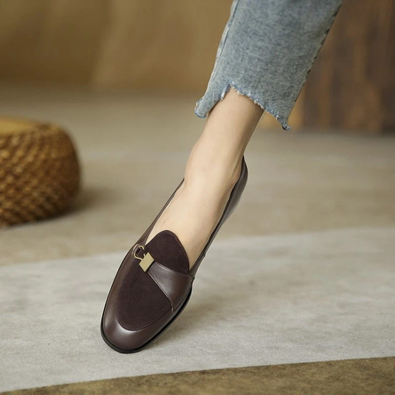 

2022 Spring/Autumn Women Shoes Round Toe Square Heel Women Pumps Cow Leather Low Heel Chunky Heel Slip-On Solid Women Loafers