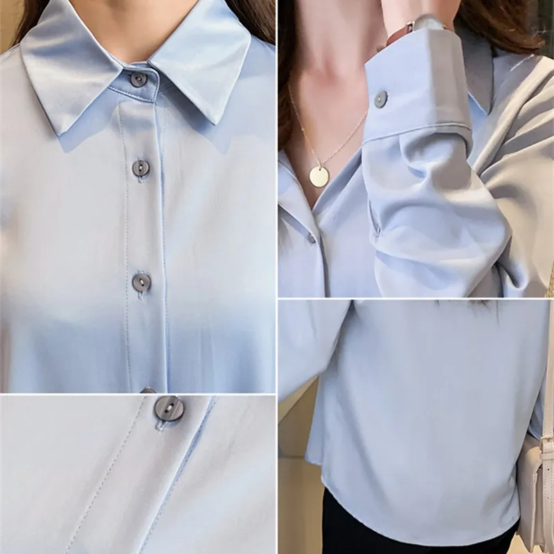 

Women's long sleeve silk shirt, white shirt, silk blouse, plus size Tops, casual, straight bsico