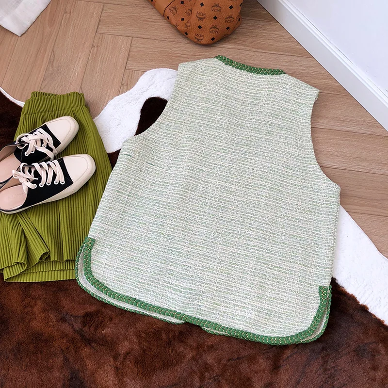 Женский твидовый жилет в клетку HLHPYHB с зелеными полосками|Жилеты и безрукавки| |