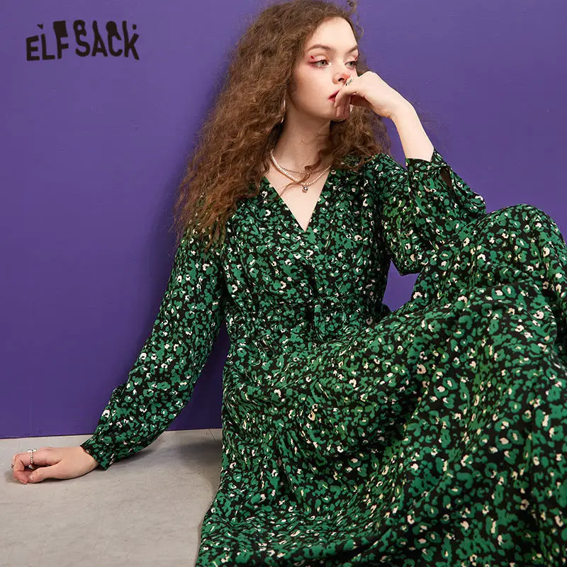 

ELFSACK Floral Print Casual Chiffon Bohemia Dresses Women,2021 Winter Vintage High Wasit Korean Ladies Daily Dress