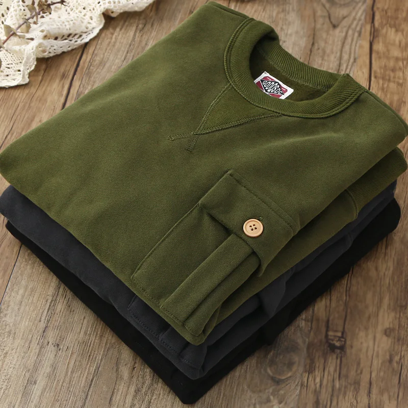 

Heavy Weight Sweatshirt Men 490g Thicken Fleece Warm Brand Autumn Winter Simple Pockets Solid Color Round Neck Sport Tops Male