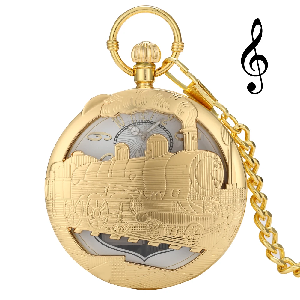 

Luxury Gold Hollow Hand Crank Music Swan Lake Quartz Pocket Watch Train Fob Chain Steampunk Art Collectibles Men Women Xmas Gift