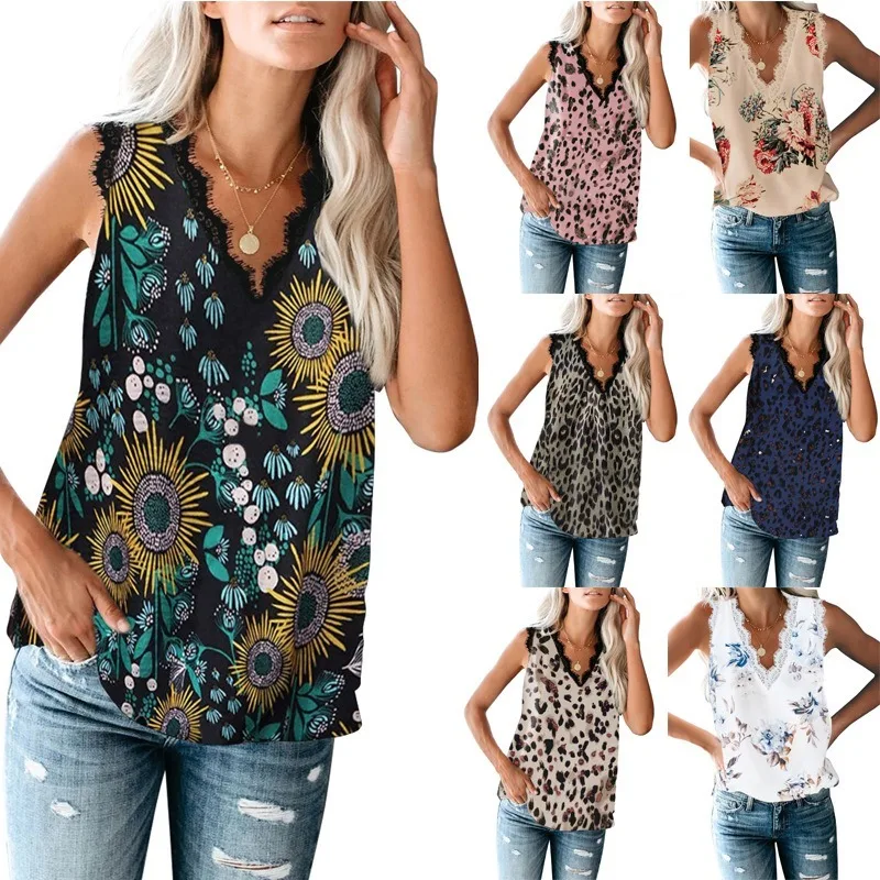 

Fashion Blusa Feminina Blouse Shirt Women Chemise Femme Haut Femme Ladies Tops Roupas Feminina Lace Sleeveless Print V-Neck