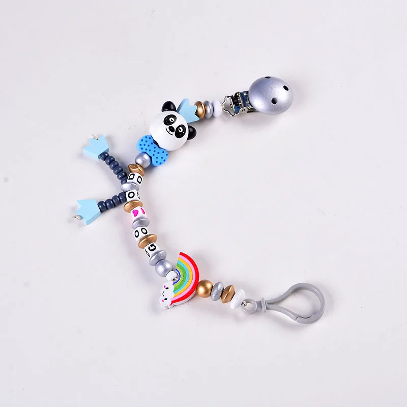 

1Pcs Cute Panda Rainbow Pacifier Chain Animal Wooden Beads Anti-lost Pacifier Clips Auxiliary Food Pacifier Baby Teether Chain