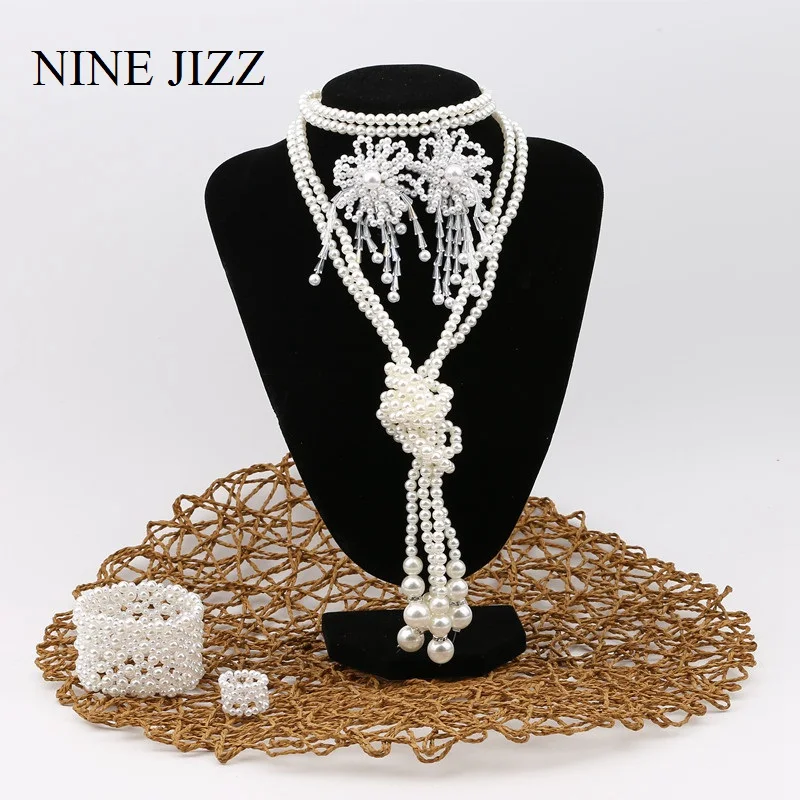 NINEJIZZ Жемчужное ожерелье Набор длинной кисточкой серьги браслет кольцо имитация