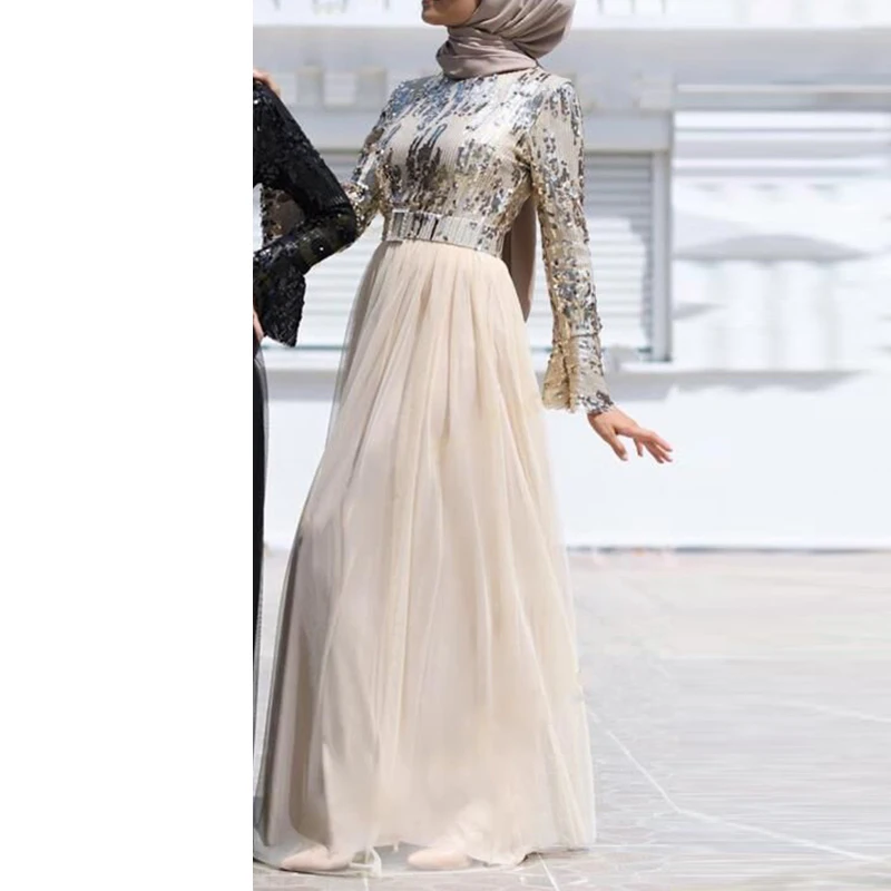 Silver dress Muslim Dress Sequin Abaya Dubai Abayas For Women Hijab Dress Kaftan Caftan Turkish Dresses Evening Robe Islamic Clothing Kleding - Цвет: Silver dress