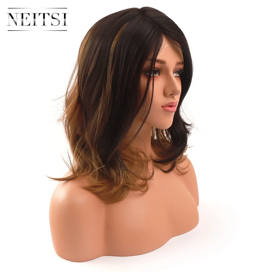 Neitsi Synthetic Lace Front Wig Wavy Ombre Brown Color Medium Length For Women Heat Resistant Fiber Daily Wigs Hair | Шиньоны и парики
