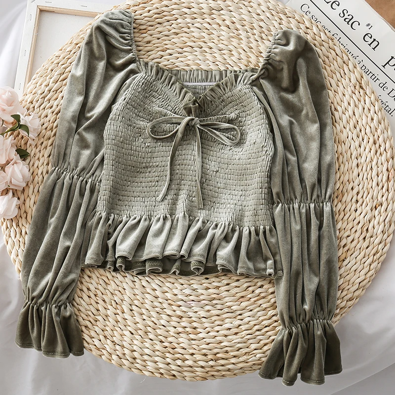 Mooirue Винтажная футболка с длинным рукавом и бантом в Корейском стиле