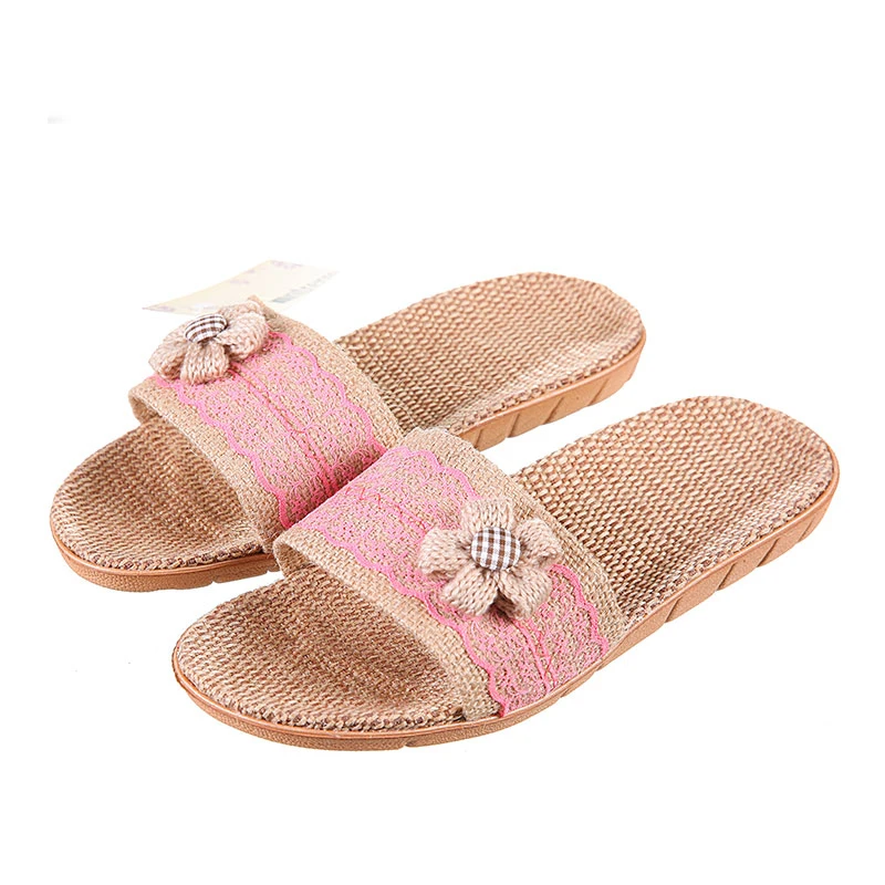 Шлепанцы женские льняные сланцы пляжная обувь богемный стиль бант лен сандалии