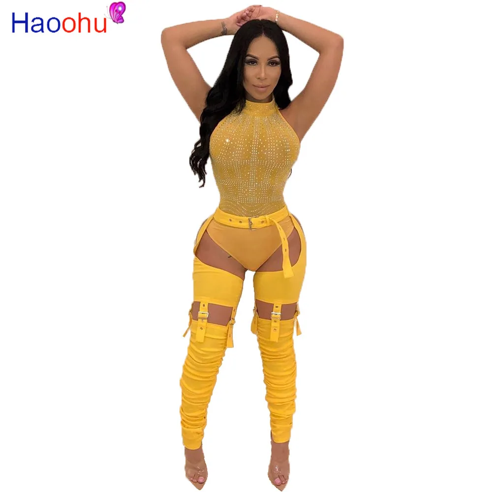 

HAOOHU Women Cut Out High Waist Pants Chic Streetwear Hip Hop Punk Trousers Solid Pants