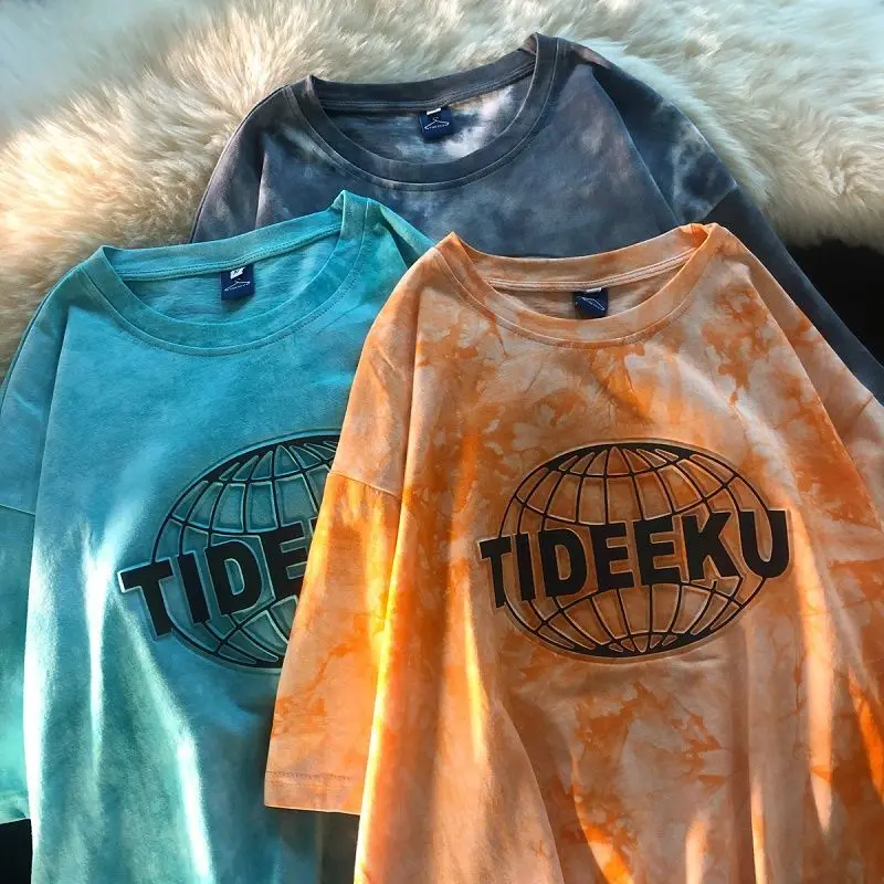 

Summer 2021 New Heavy Craft Embossed Letter Loose Gradient Tie Dye Short Sleeve T-shirt Blouse
