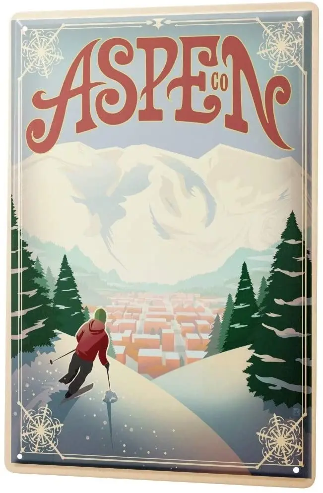

Tin Sign Metal Plate Decorative Sign Home Decor Plaques World Tour Aspen ski Area Skiers Switzerland Metal Plate 8X12