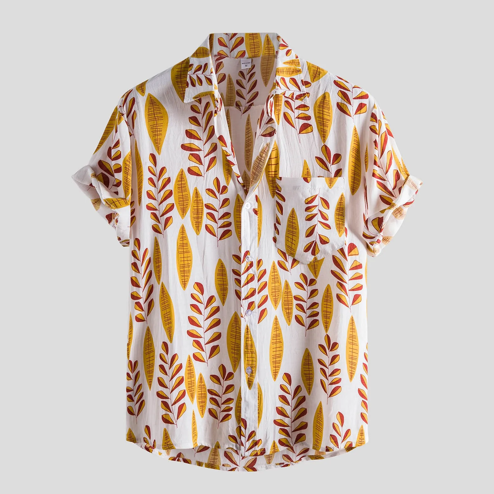 

Men's Shirt Tops Summer Fashion Casual Leaves Print Loose Short Sleeve Button Turn-Down Shirt Blouse high quality Camicias #40