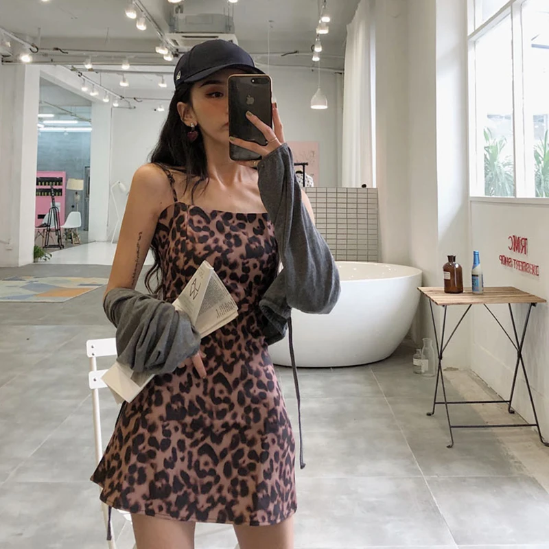 Леопардовое платье для девушек винтажное тонкое без рукавов на бретельках топ