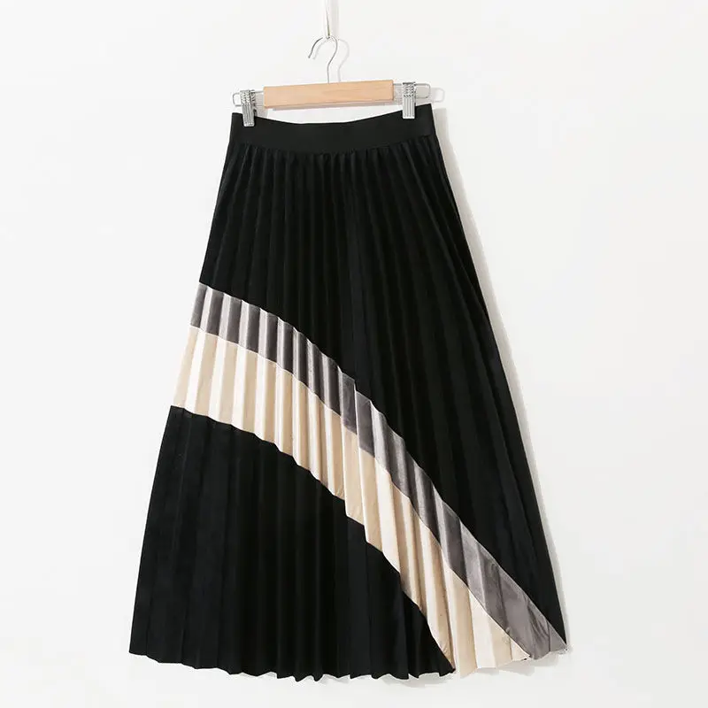 

2021 Spring Autumn New Retro High Waist Gold Velvet Color Contrast Splicing Medium Length Pleated Skirt Women's Skirt Y192