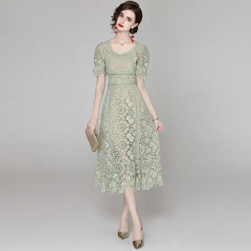 

Женское кружевное платье, с пышными рукавами, круглым вырезом, с высокой талией