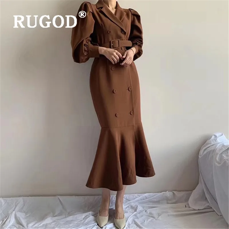 Женское платье с пышными рукавами RUGOD однотонное платье-макси в Корейском стиле