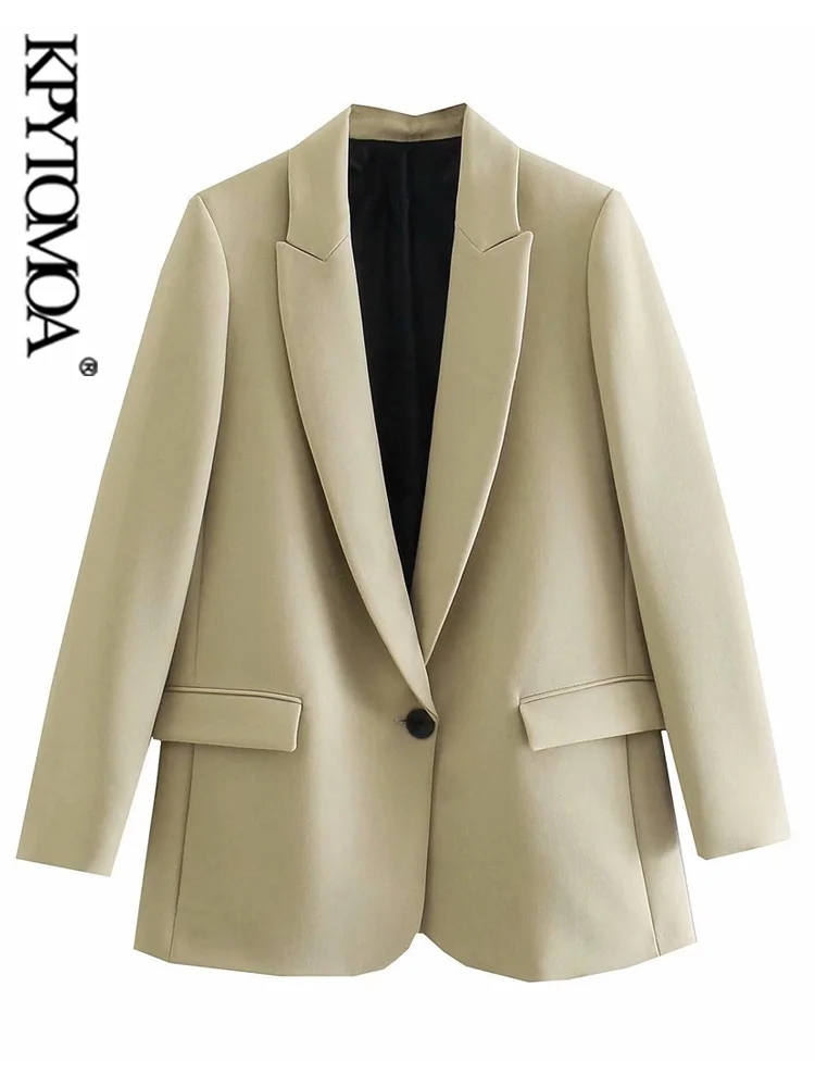 

KPYTOMOA Women Fashion Single Button Straight Blazer Coat Vintage Long Sleeve Flap Pockets Female Outerwear Chic Veste Femme