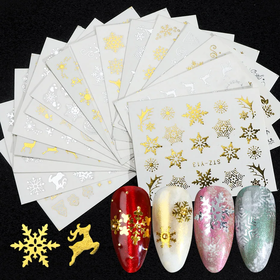 16 шт. рождественские наклейки для ногтей золотые серебряные снежинки Водные