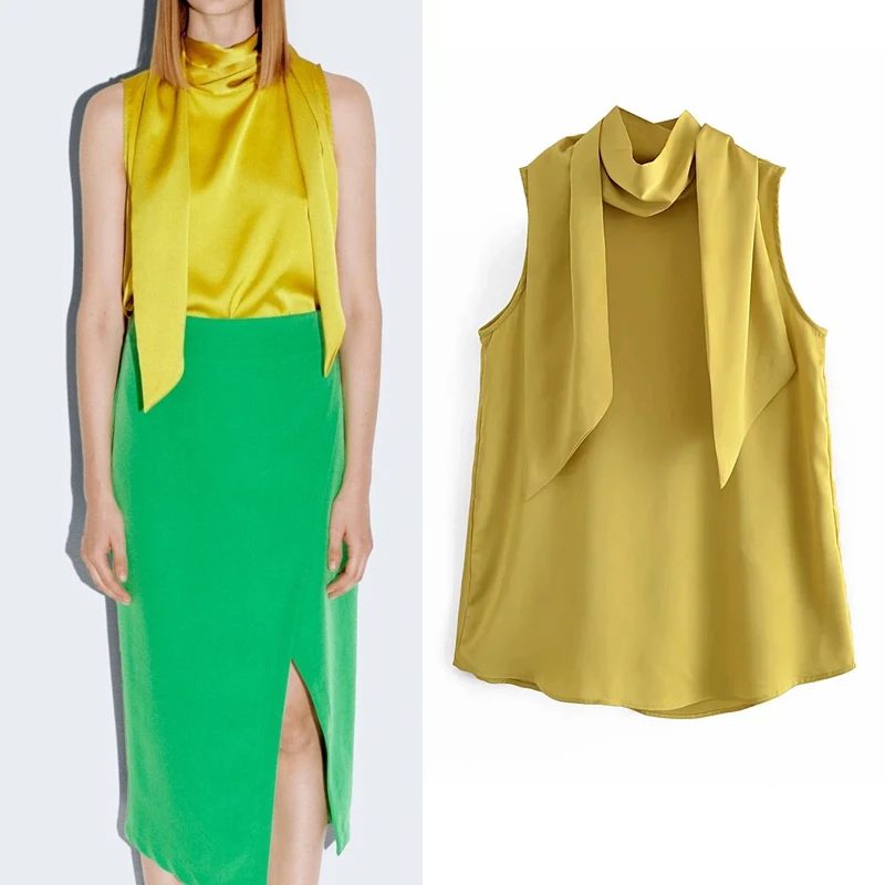 

Women Blouse Za 2021 Yellow Satin Top Woman Sleeveless Top Women Fashion High Scarf Neck Loose Summer Elegant Blouses