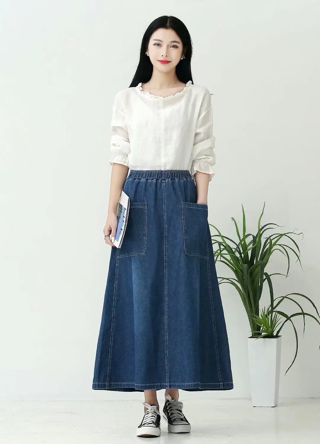 

Art Style Denim Long Skirts Women New Spring Classic High Waist Patchwork Large Pockets Slim All Fit Blue Vintage A-line Saias