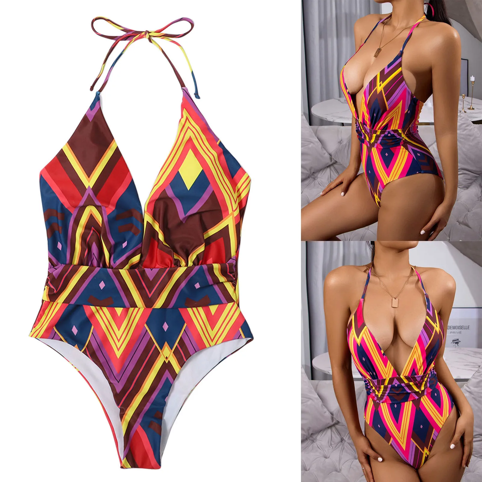 

Summer Ladies Breathable One-piece Swimsuit, Adults Women Colorful Geometric Printing Hanging Neck Swimwear for Vacation Travel