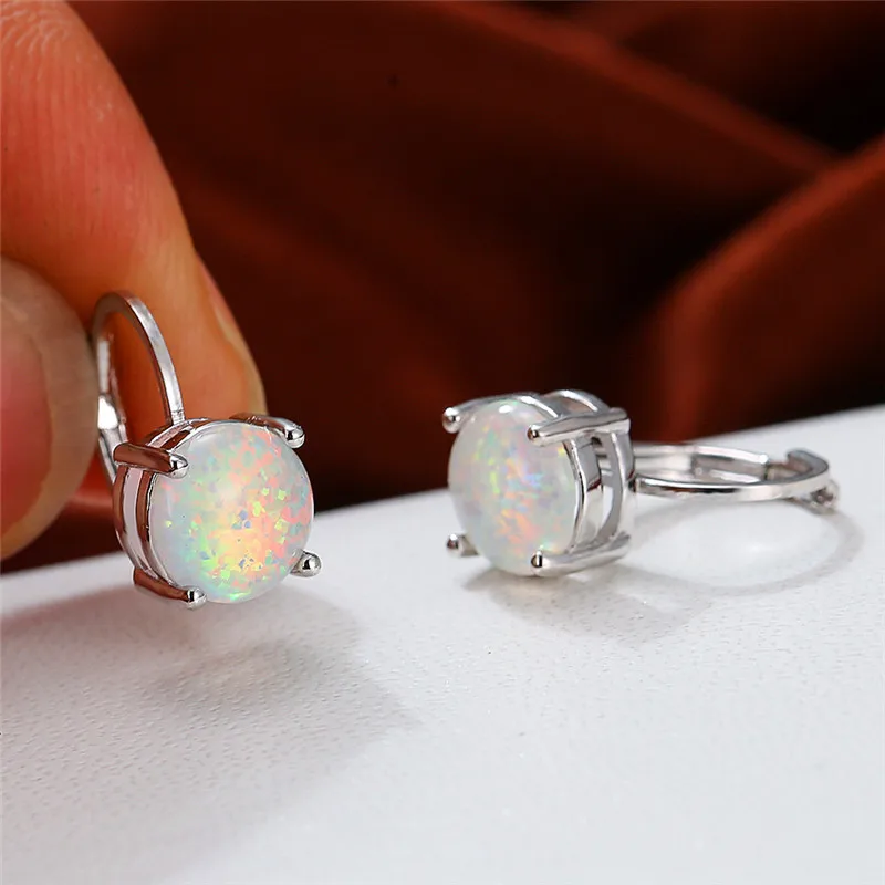 

Simple Female Blue Opal Stone Earrings Classic Silver Color Small Clip Earrings For Women Cute Bridal Round Wedding Earrings