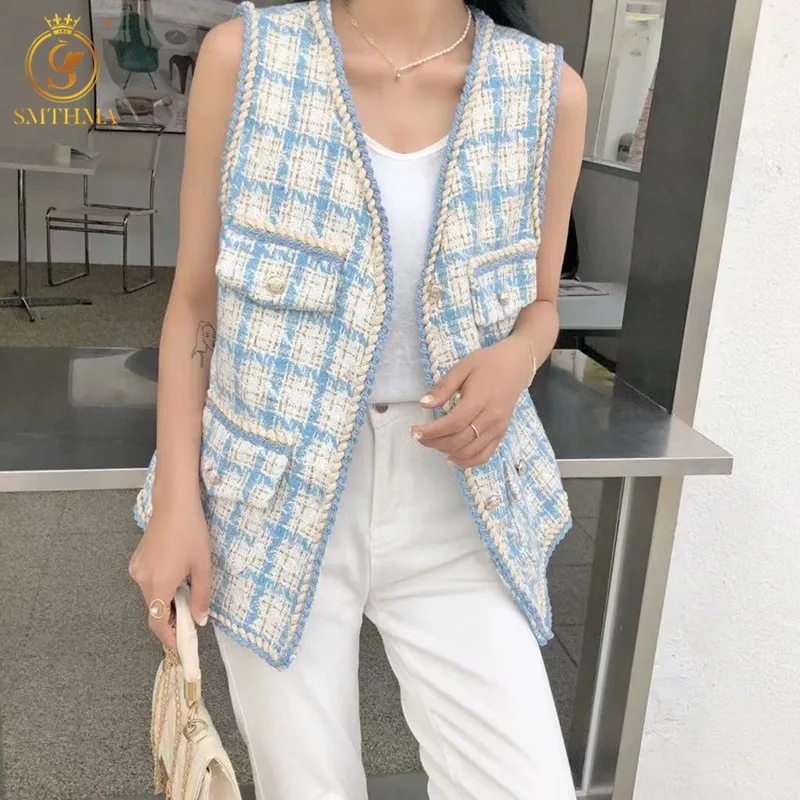 

SMTHMA Women 2021 Fashion Single-Breasted Tweed Woolen Vest Vintage V Neck Sleeveless Female Vest Outerwear Chic Tops