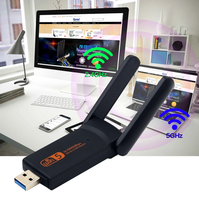 

802.11AC 1900 / 2.4Ghz / 5.8Mb / s Dual Band Wi-Fi Adapter, Computer Dongle, Network Card, USB, 2 High Speed Antennas New