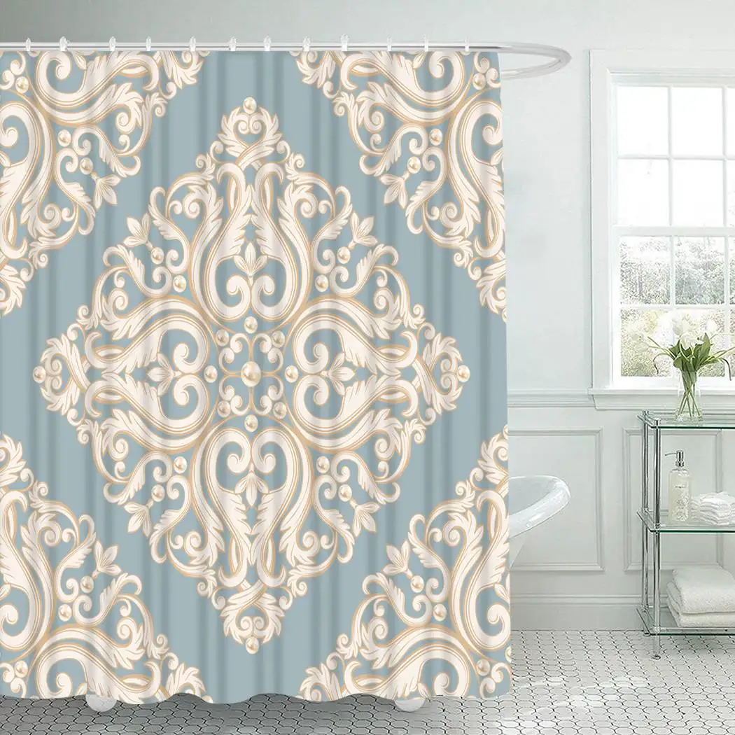 

Damask Shower Curtain With Hooks for Bathroom Damask Blue Beige Waterproof Polyester Bath Shower Curtain Set Home Bathroom Decor