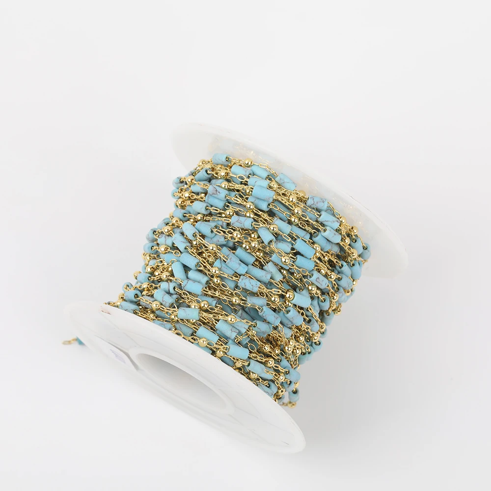 

2x5mm Faceted Natural Blue Turquoises Rectangle Loose Beads Wire Wrapped Plated Gold Copper Rosary Chains Jewelry HX-LT-247AMAH