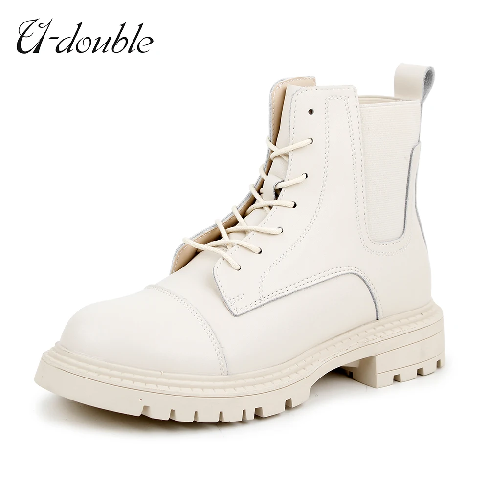 

U-Double Winter Warm Women Ankle Boots 2022 New Genuine Leather Women Chelsea Boots Lace Up Platform Fur Woman Martin Boots