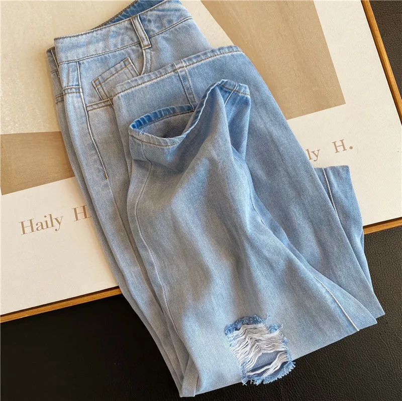 

Fashionable look thin, all-match super soft thin comfortable cotton hole, high waist straight tube, nine cent jeans, daddy pants