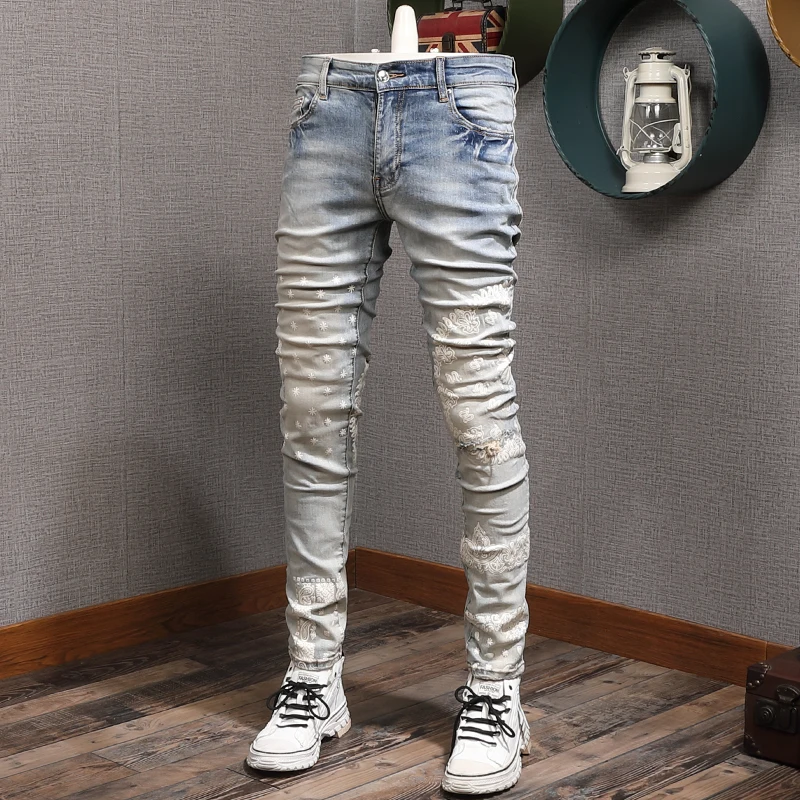 Street Style Fashion Men Jeans Retro Light Gray Blue Elastic Slim Fit Ripped Jeans Men Printed Designer Hip Hop Denim Punk Pants