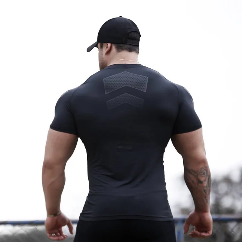 2019 спортивная мужская футболка для фитнеса и бега компрессионная черная с