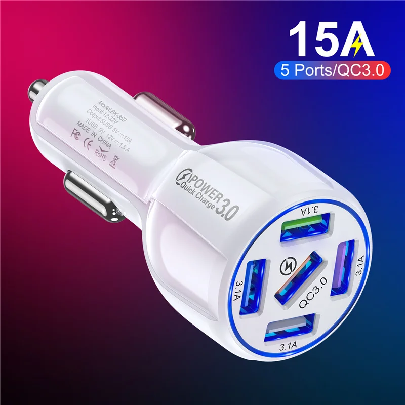 Автомобильная зарядка 5 портов USB 30 Вт Быстрая Мини-зарядка 15 а для iPhone 11 Xiaomi Huawei