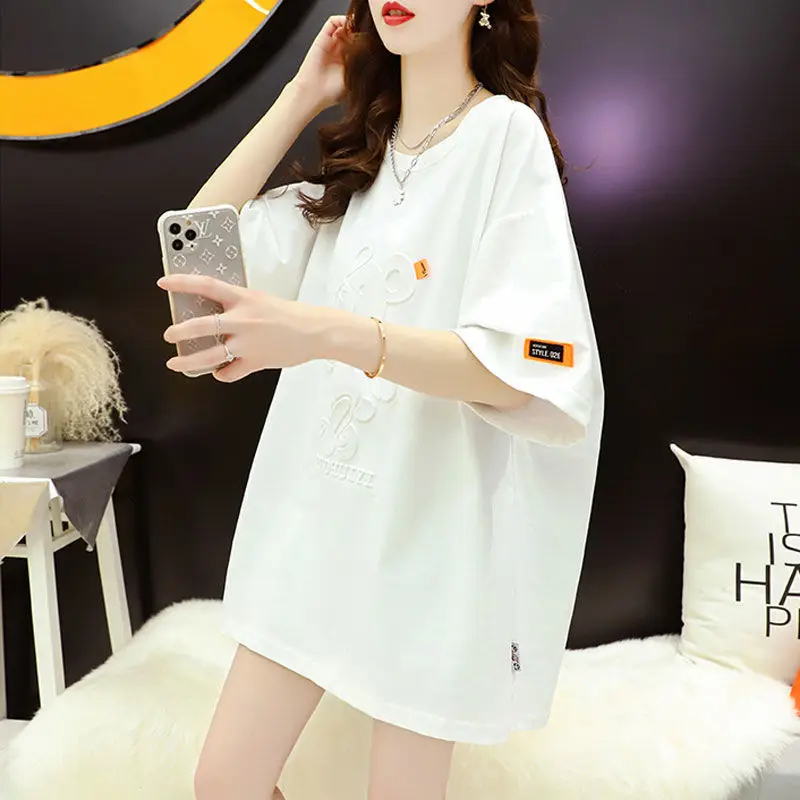 

Cotton size bear age-reducing short sleeve T-shirt women's summer 2021 new salt can be sweet foreign style long clothes