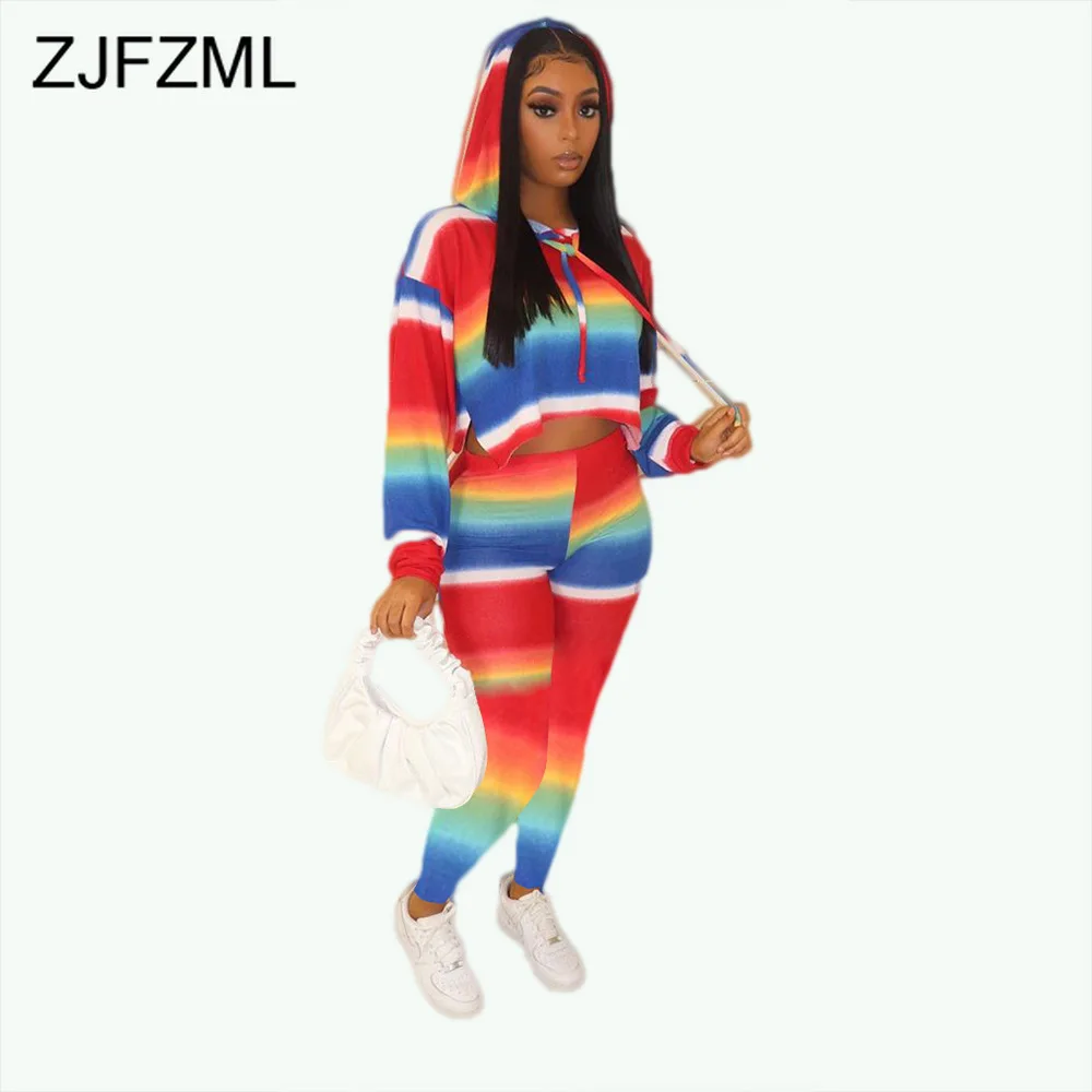

Women Ladies Tracksuit Set Fashion Casual Colorful Striped Print 2Pcs Hoodies Crop Tops Skinny Pants Hooded 2 Pieces Sets New