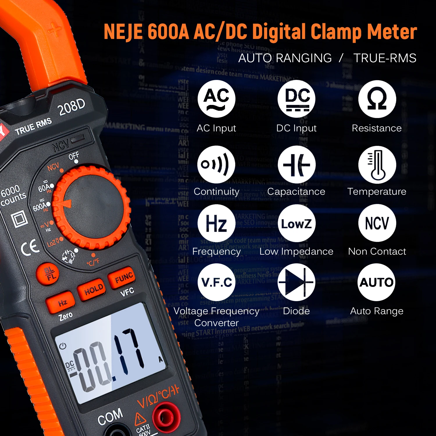 Цифровой мультиметр NJTY 600A AC/DC с автоматическим выбором диапазона температуры и