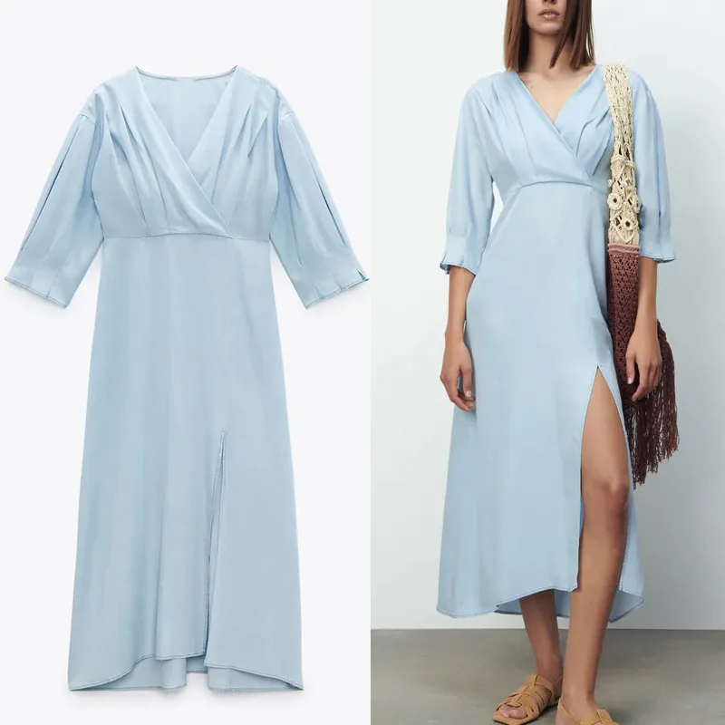 

Женское платье-миди с разрезом Za, синее Плиссированное Летнее Длинное платье, модные элегантные повседневные женские платья 2021