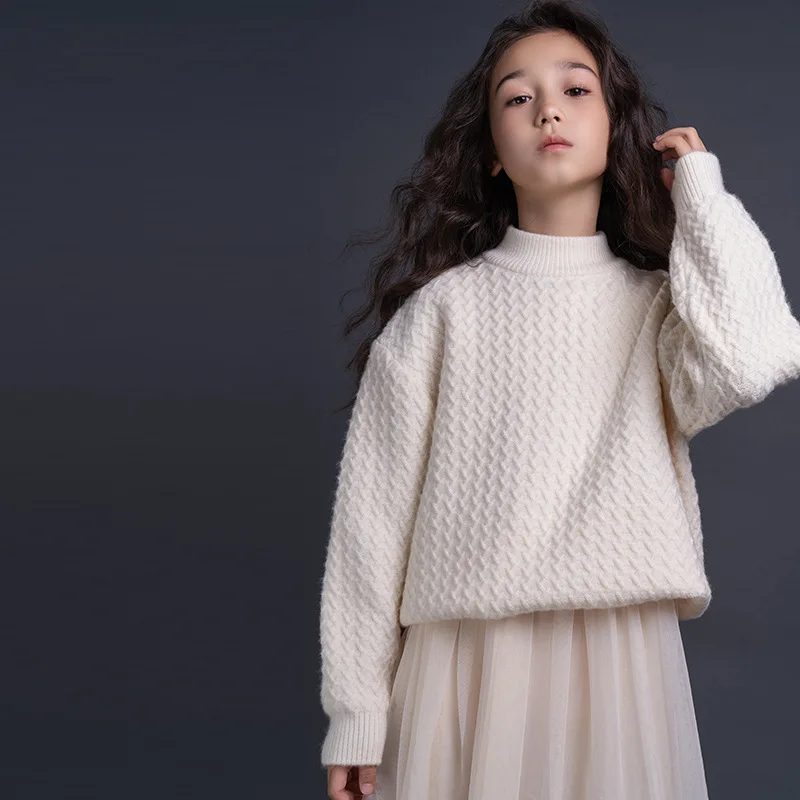 

Autumn Winter Knitted Sweater For Girls 100% Soft Cotton Full Sleeve Thickening Knitwear Children Teens Warm Tops Pullover 5-14Y