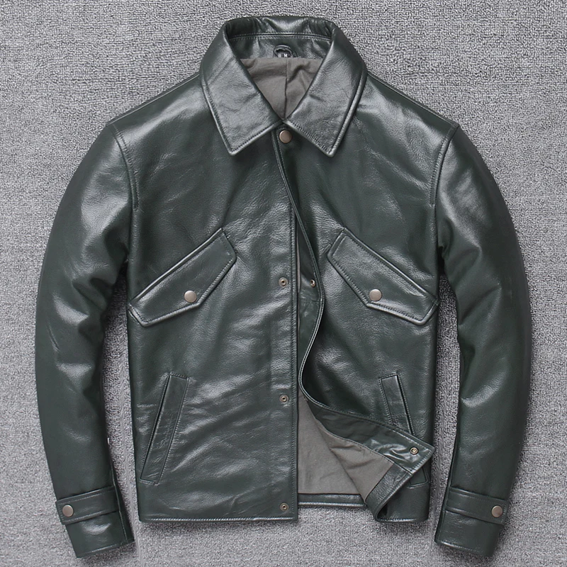 

2020 New Style Genuine Leather Waxed Non-Coated Short Casual Jacket Lapel Cowhide Leather Motorcycle Coat Men