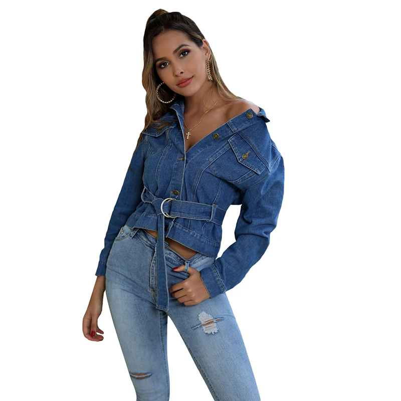 

Spring Autumn Women's Short Denim Waist Jacket Blue Solild Vintage Streetwear Stand-Up Collar Lace-up Demin Coat 120963WWA